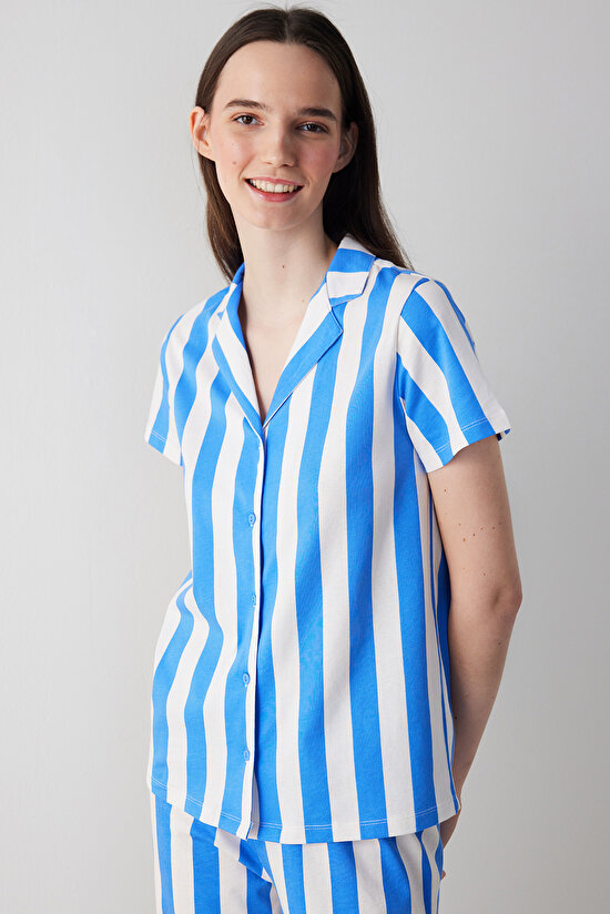 Ent Mixed Stripes Mavi Gömlek Pantolon Pijama Takımı - 2