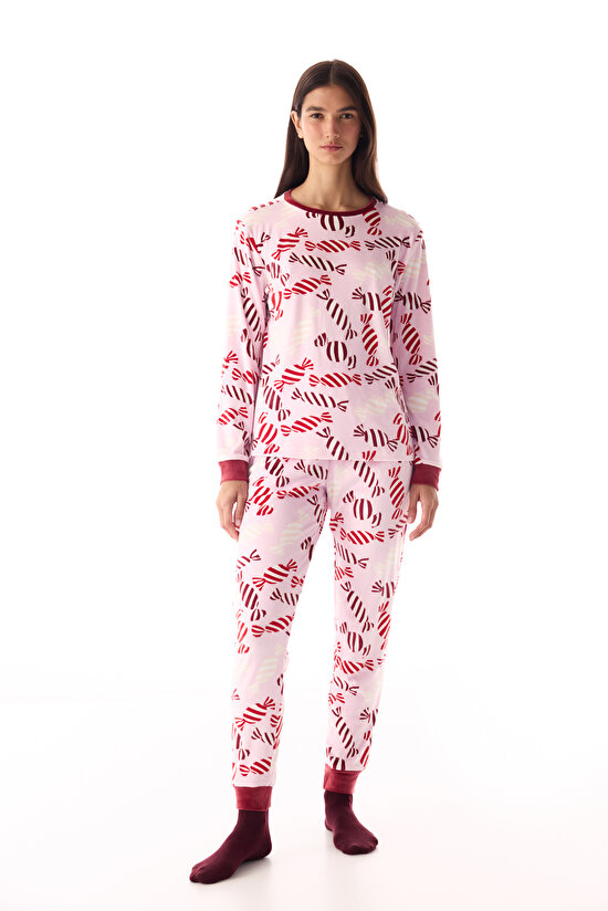 Pink Joyful Season Crew Neck Pajama Set - 1