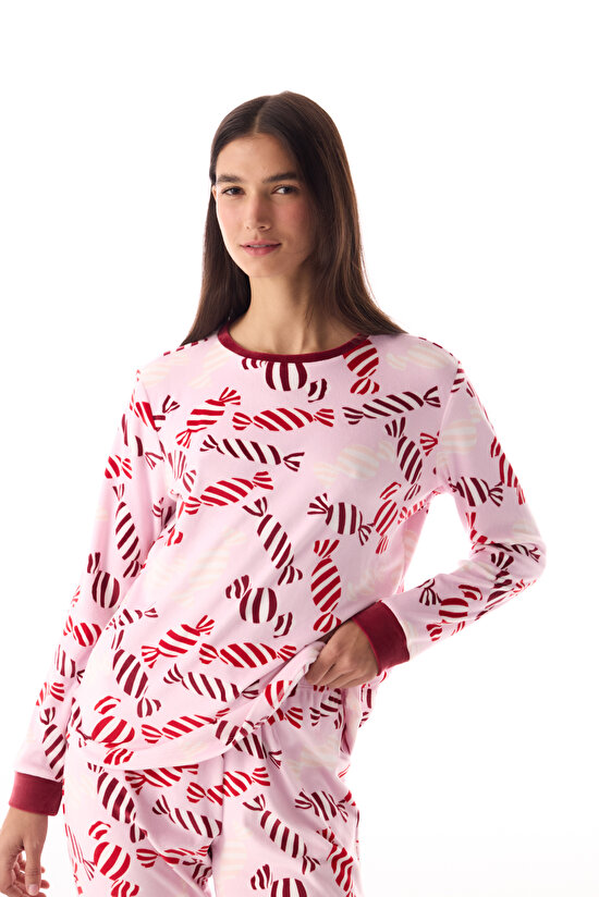 Pink Joyful Season Crew Neck Pajama Set - 2