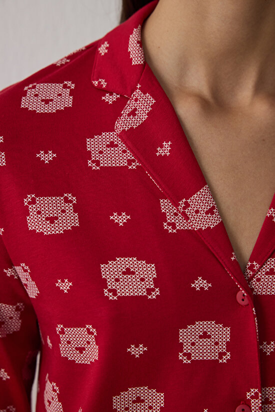 Kırmızı Ayı Desenli Gömlek Yaka Uzun Kollu Pamuklu Pijama Takımı - 3