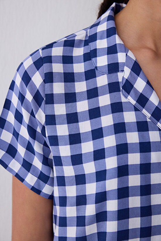 Blue Gignham Gömlek Şort Lacivert Pijama Takımı - 3