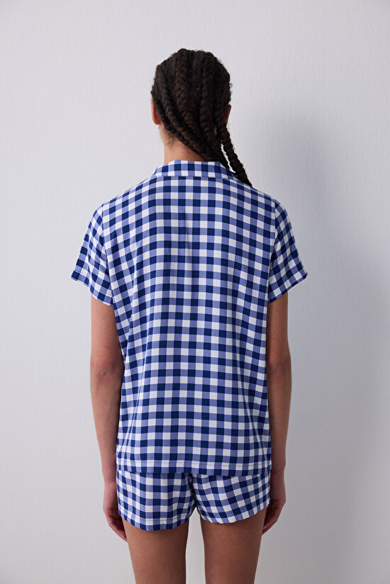 Blue Gignham Gömlek Şort Lacivert Pijama Takımı - 4