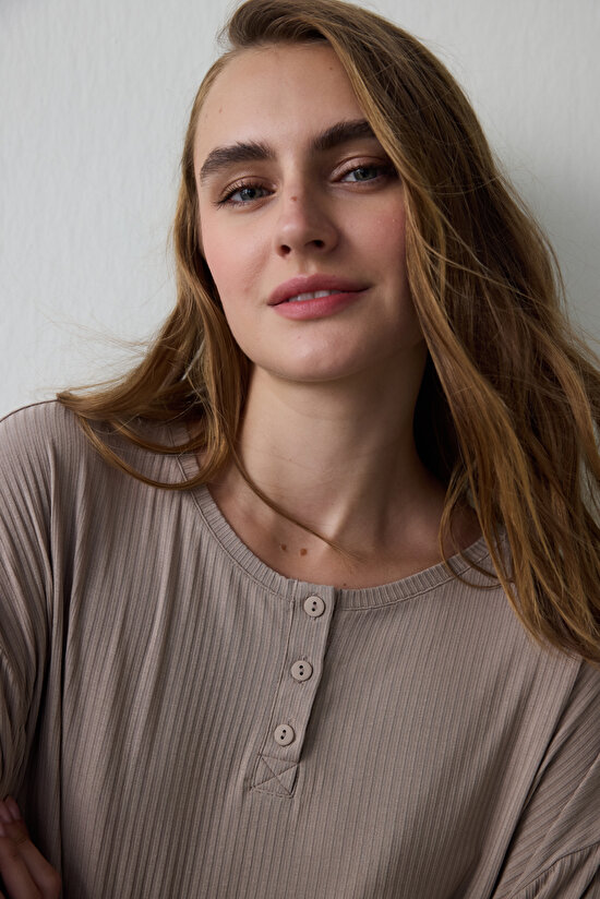Dark Beige Hello Friday Crew Neck Long Sleeve Pajama Set Dark Beige Hello Friday Crew Neck Long Sleeve Pajama Set - 3