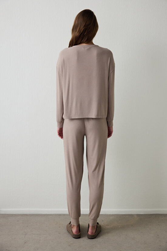 Dark Beige Hello Friday Crew Neck Long Sleeve Pajama Set Dark Beige Hello Friday Crew Neck Long Sleeve Pajama Set - 5