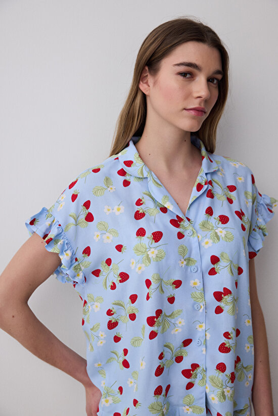 Strawberries Gömlek Şort Açık Mavi Pijama Takımı - 3