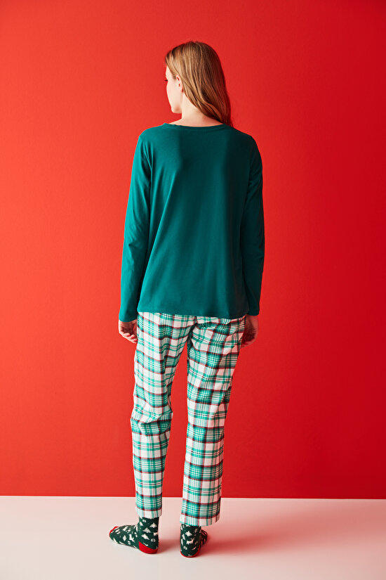Yeşil Uzun Kollu Düğme Detaylı Tişört Pijama Üstü - 4