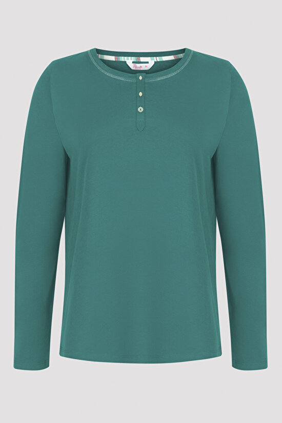 Yeşil Uzun Kollu Düğme Detaylı Tişört Pijama Üstü - 5