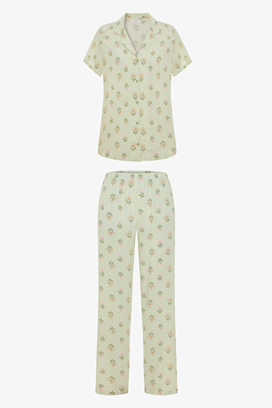 Çok Renkli Pink Bouquet Gömlek Pantolon Pijama Takımı - 1