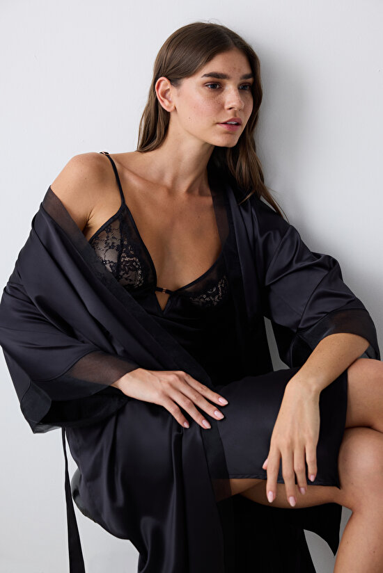 Belle Saten Siyah Gecelik - 3