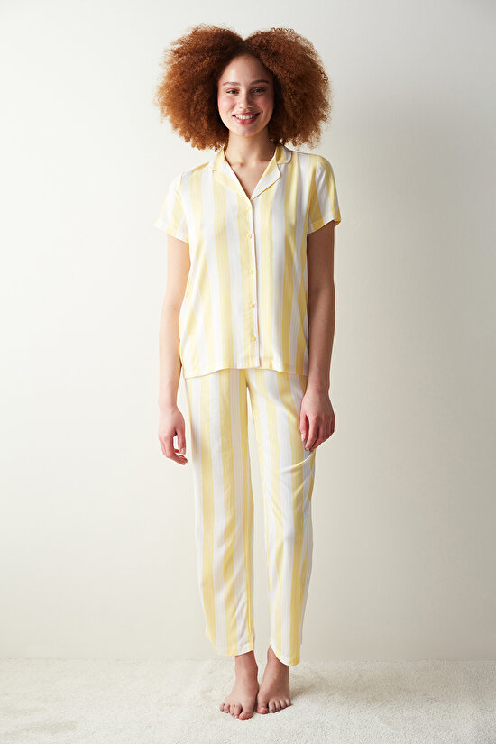 Base Spring Sarı Gömlek Pantolon Pijama Takımı - 1