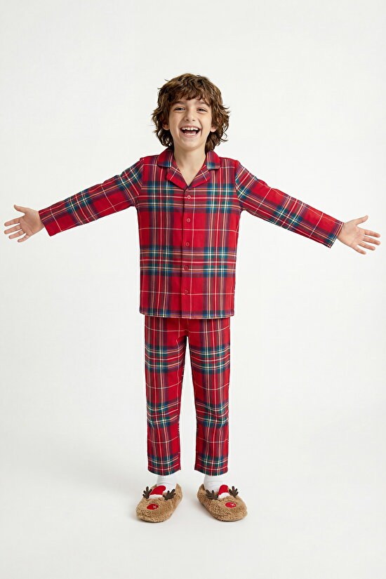 Red Unisex Children's Dark Plaid Buttoned Pajama Set - 4