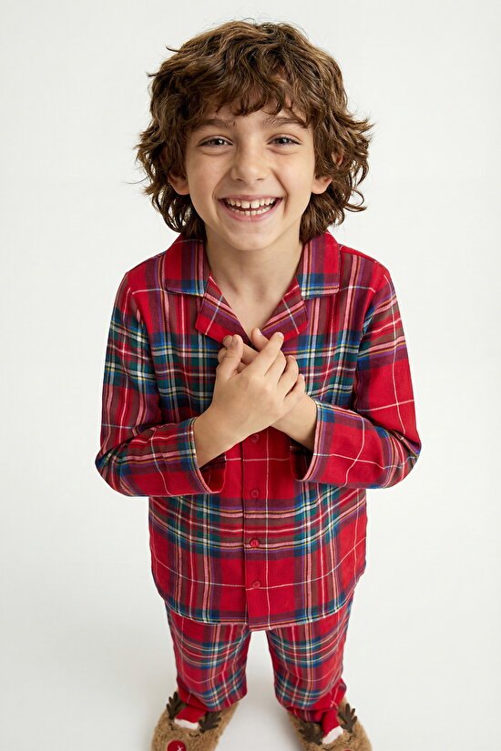 Red Unisex Children's Dark Plaid Buttoned Pajama Set - 5