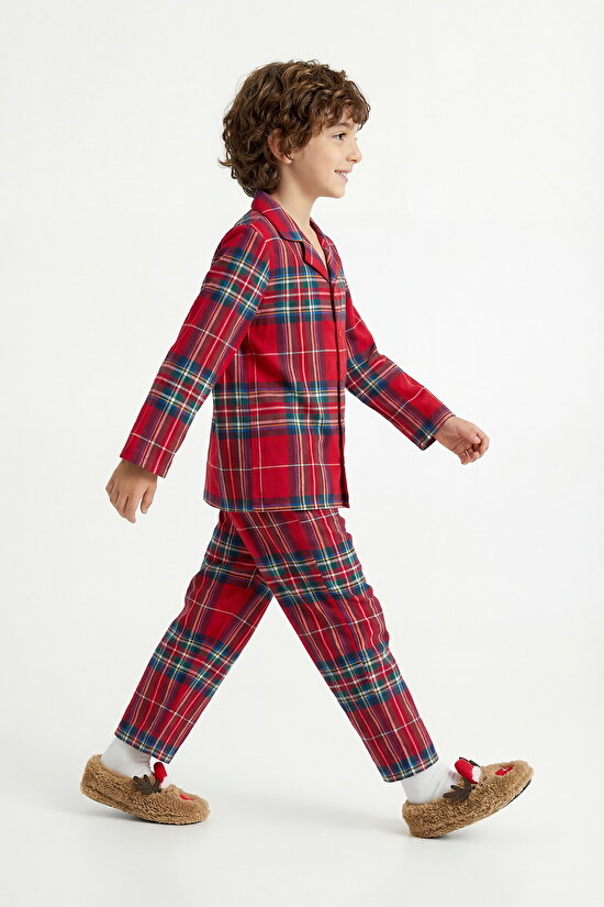 Red Unisex Children's Dark Plaid Buttoned Pajama Set - 6