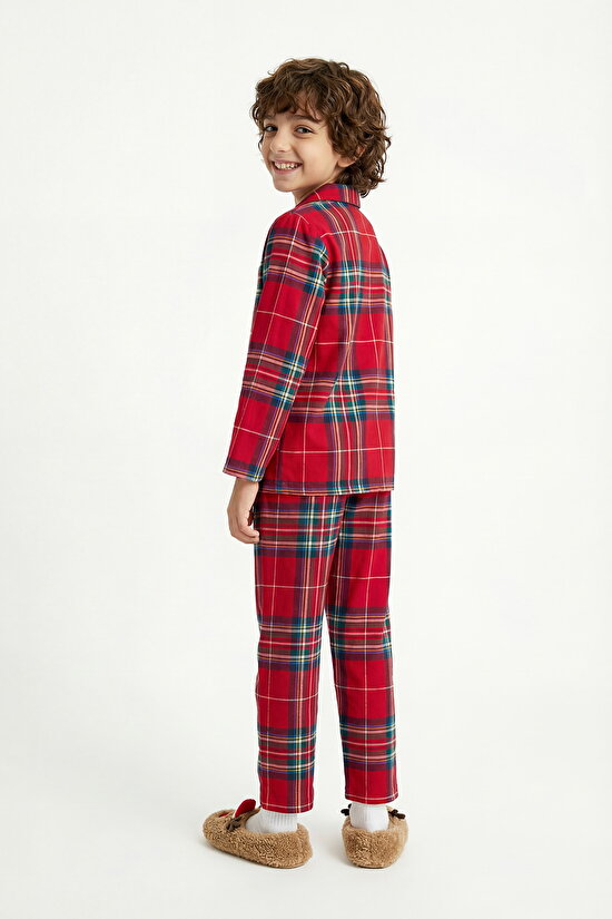 Red Unisex Children's Dark Plaid Buttoned Pajama Set - 7