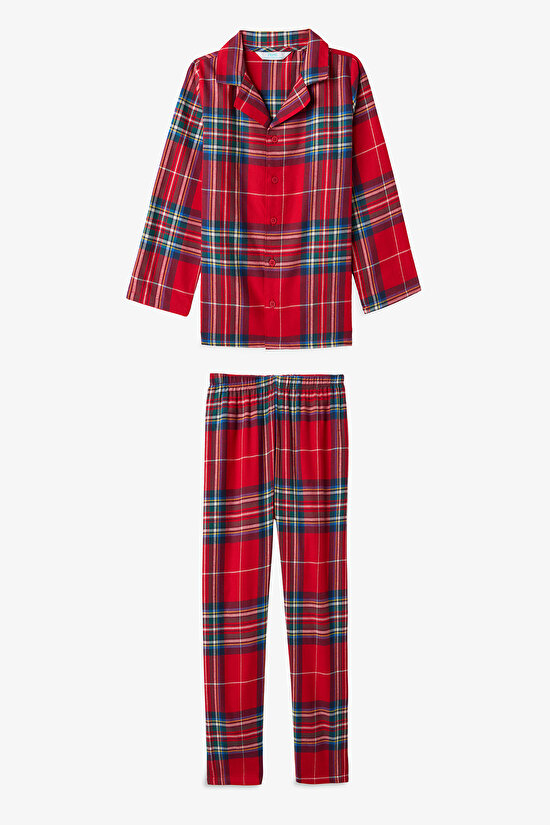 Red Unisex Children's Dark Plaid Buttoned Pajama Set - 8