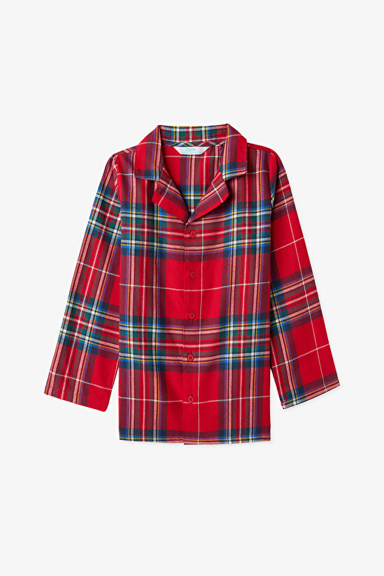 Red Unisex Children's Dark Plaid Buttoned Pajama Set - 9