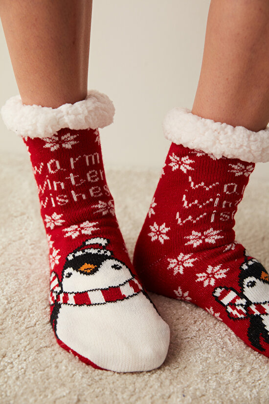 Warm Winter Wishes Slogan Baskılı Kırmızı Soket Çorap - 1