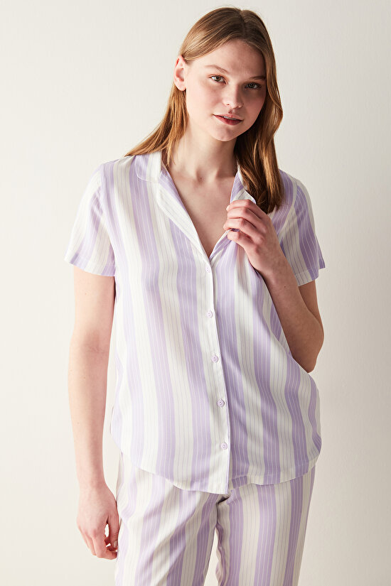 Spring Purple Striped Short Sleeve Shirt Pants Pyjamas Set - 5