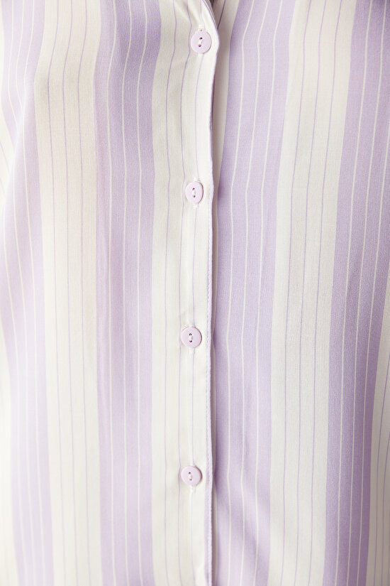 Spring Purple Striped Short Sleeve Shirt Pants Pyjamas Set - 8