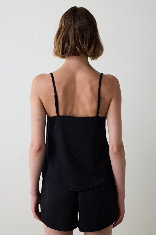 Black Fleur Satin V-Neck Adjustable Strap Pajama Top Black Fleur Satin V-Neck Adjustable Strap Pajama Top - 4