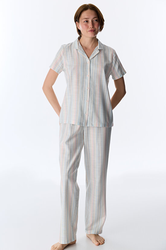 Renkli Mixed Çizgili Gömlek Pantolon Pijama Takımı - 2