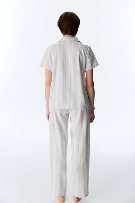 Renkli Mixed Çizgili Gömlek Pantolon Pijama Takımı - 5