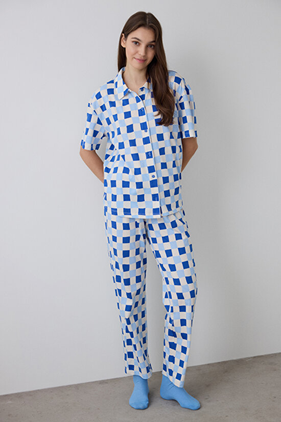 Ekoseli Rhea Gingham Gömlek Yaka Kısa Kollu Pijama Takımı - 1