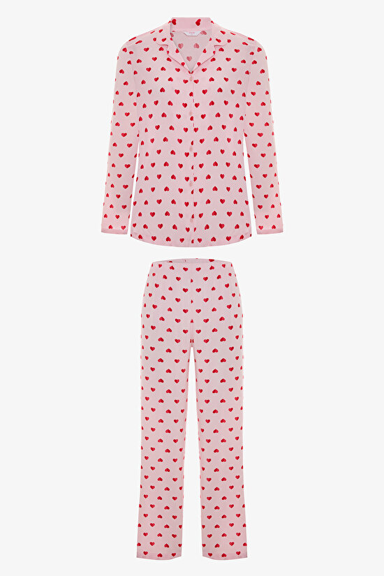 Çok Renkli Hearts Gömlek Pantolon Pijama Takımı - 1
