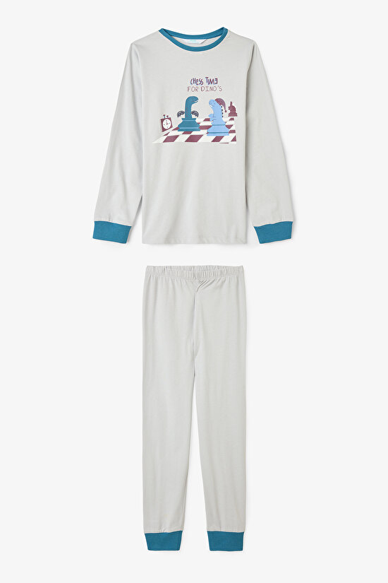 Erkek Çocuk Chess Time Dinozor Desenli Uzun Kollu Pamuklu 2'li Pijama Takımı - 5