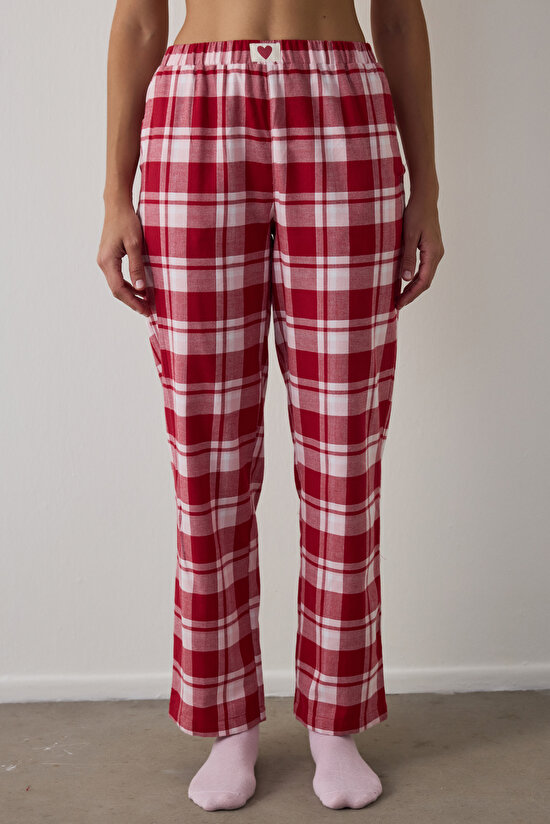 Kırmızı Ekoseli Yılbaşı Pamuklu Pijama Altı - 1
