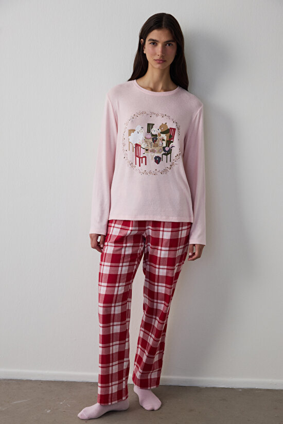 Kırmızı Ekoseli Yılbaşı Pamuklu Pijama Altı - 4