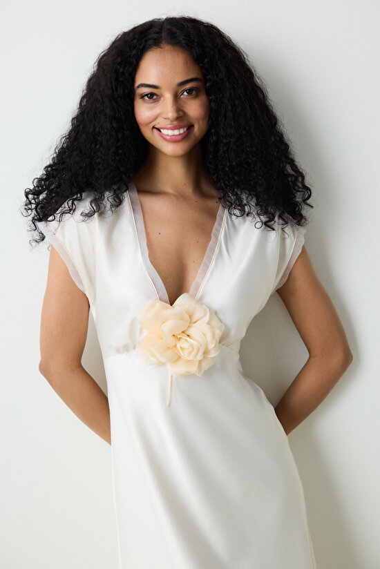 Roses Saten Krem Gecelik - 3