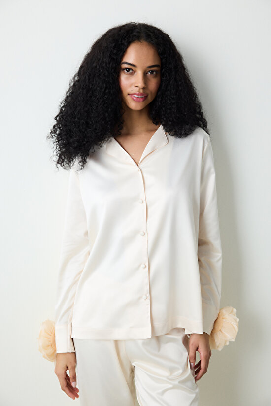 Roses Satin Skirt Pant Cream PJ Set Roses Satin Skirt Pant Cream PJ Set - 3