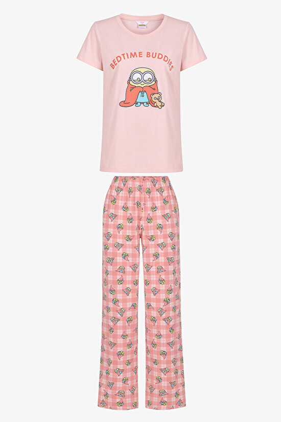 Light Pink Minions Pants Pajama Set - 1