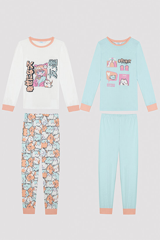 Kız Çocuğu Anime Kedi Desenli 2 li Pijama Takım - 7