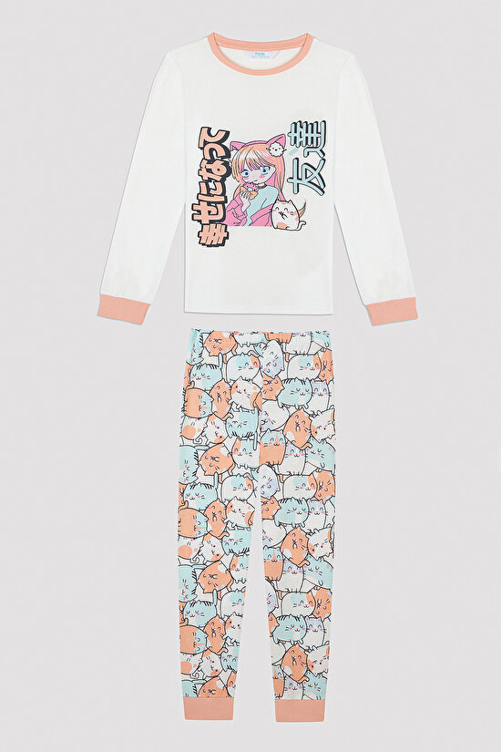 Kız Çocuğu Anime Kedi Desenli 2 li Pijama Takım - 8