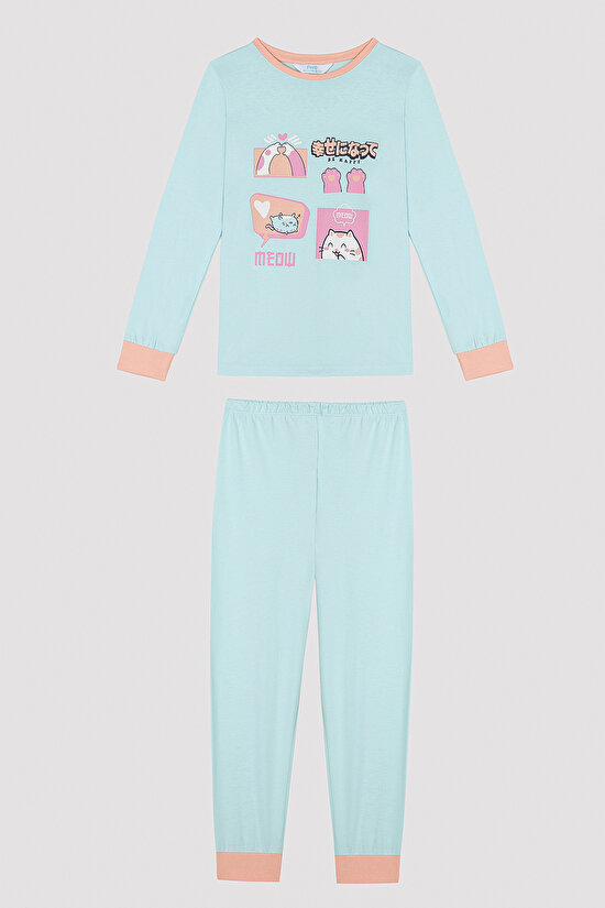 Kız Çocuğu Anime Kedi Desenli 2 li Pijama Takım - 9