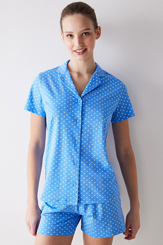 Tiny Hearts Mavi Gömlek Şort Pijama Takımı - 1