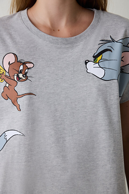 Gray Melange Tom & Jerry Printed Short Sleeve Pajama Set Gray Melange Tom & Jerry Printed Short Sleeve Pajama Set - 3
