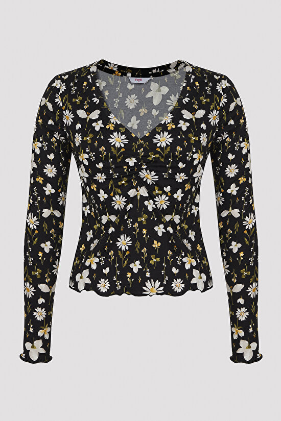 Blossom Printed Siyah Tişört Pijama Üstü - 1