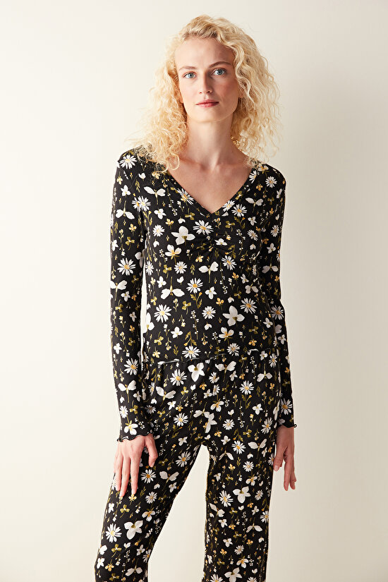 Blossom Printed Siyah Tişört Pijama Üstü - 2