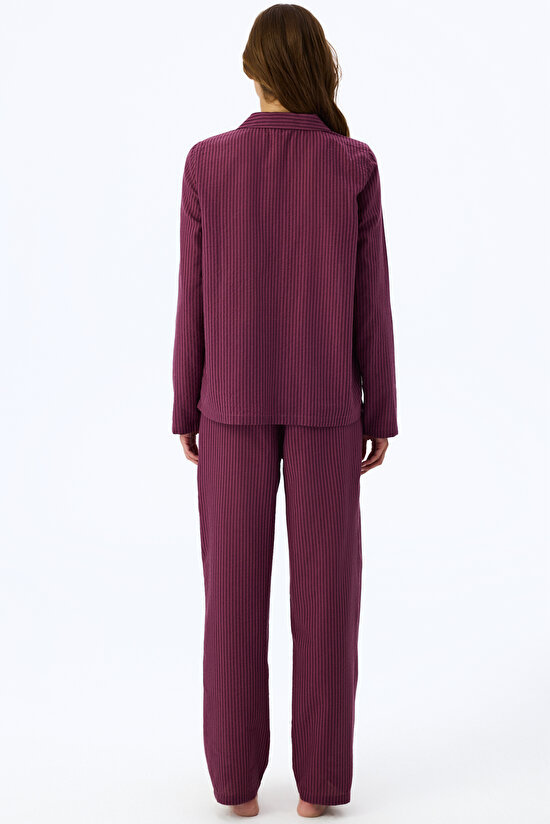 Bordo Lea Çizgili Uzun Kollu Gömlek Pantolon Pijama Takımı - 3