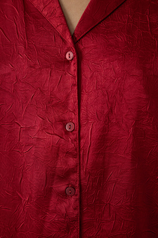 Kırmızı Saten Gömlek Yaka Uzun Kollu Pijama Takımı - 4