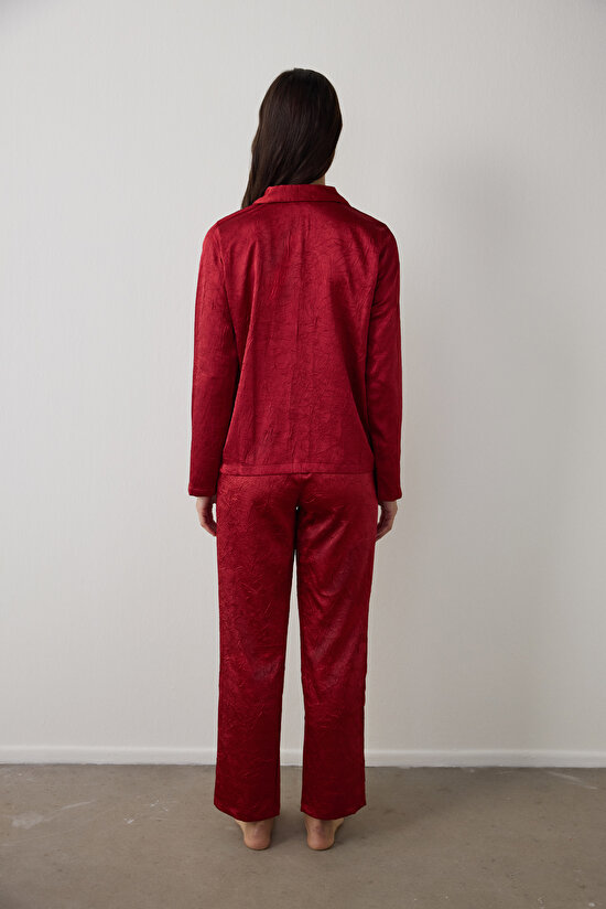 Kırmızı Saten Gömlek Yaka Uzun Kollu Pijama Takımı - 5