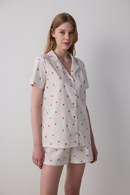 Ellie Gömlek Şort Kırık Beyaz Pijama Takımı - 1