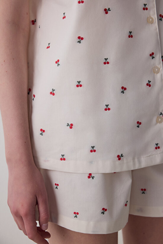 Ellie Pamuklu  Gömlek Şort Kırık Beyaz Pijama Takımı - 3