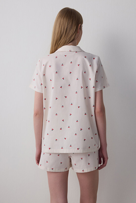 Ellie Pamuklu  Gömlek Şort Kırık Beyaz Pijama Takımı - 4