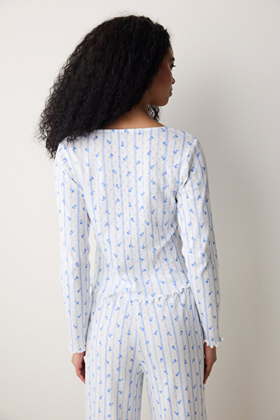 Roses Printed Pointel Tişört Kırık Beyaz Pijama Üstü - 5