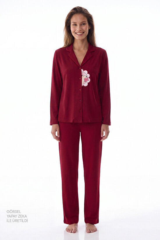 Bordo Happiness Uzun Kollu Gömlek Pantolon Pijama Takımı - 1