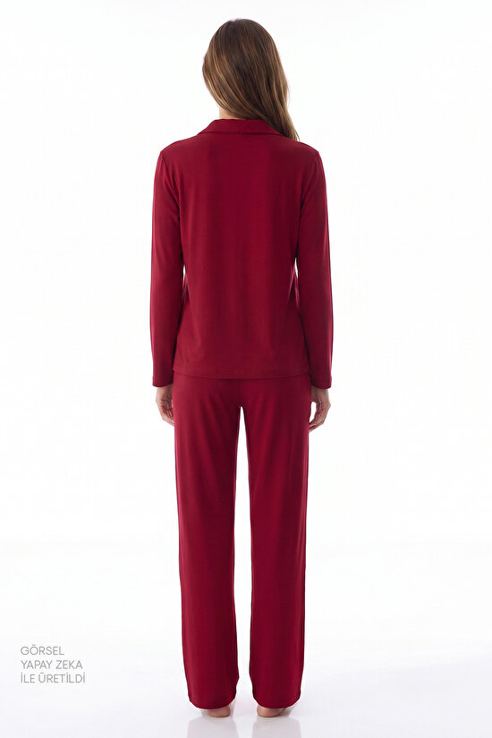 Bordo Happiness Uzun Kollu Gömlek Pantolon Pijama Takımı - 2